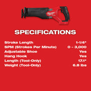 M18 FUEL™
SAWZALL® Recip Saw
(Tool Only) (282120BIN) on a red background with specifications listed.